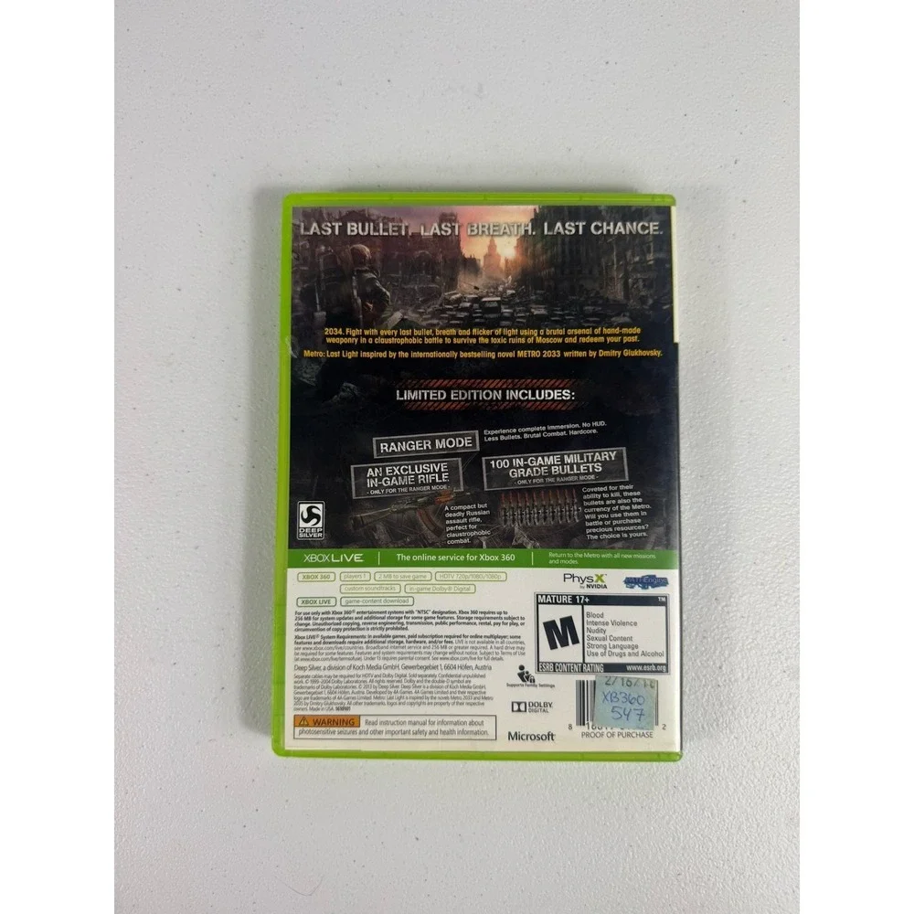 Metro Last Light Limited Edition - Microsoft Xbox 360 Tested Authentic